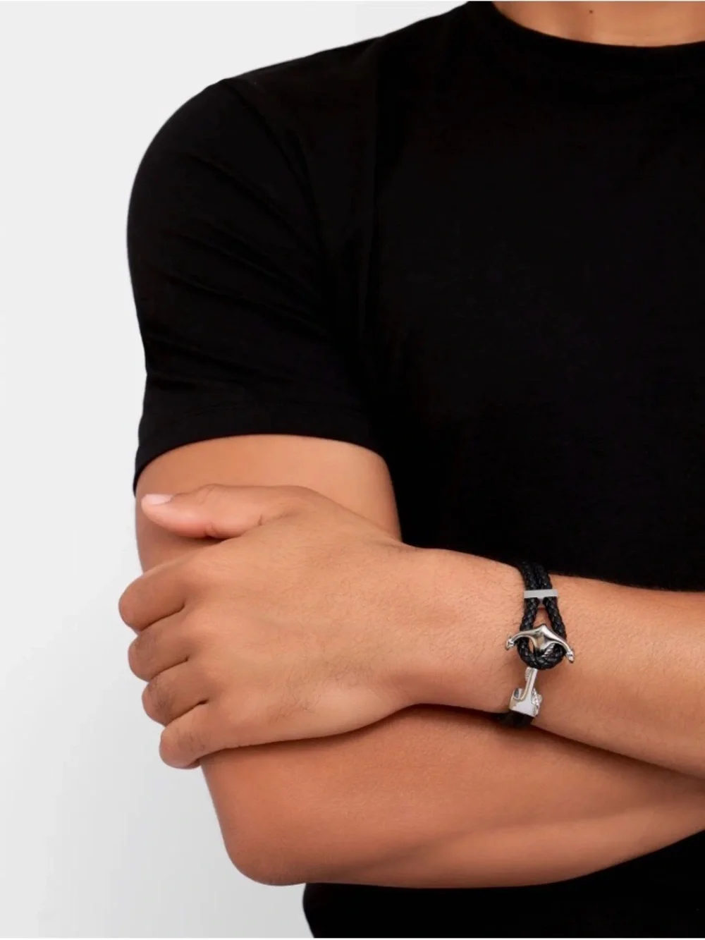Braided Black Leatger like  Bracelet with Silver Anchor Clasp